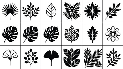 Black silhouette vector set of botanical leaves and flowers icons including monstera ginkgo palm oak fern and olive branch for organic nature design elements. © Malati