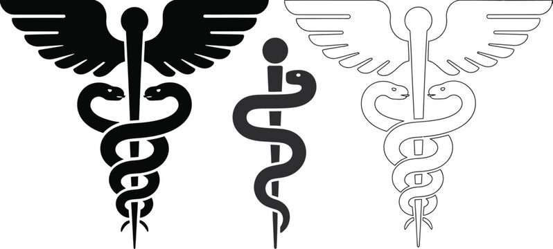 Caduceus medical symbols set healthcare emblem snake staff wings vector illustration