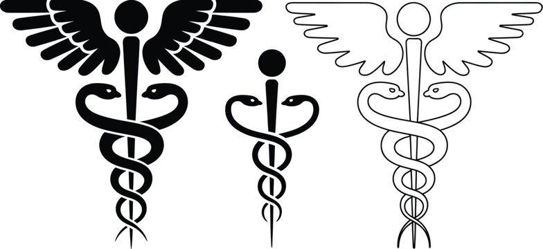 Caduceus medical symbols set healthcare emblem snake staff wings vector illustration