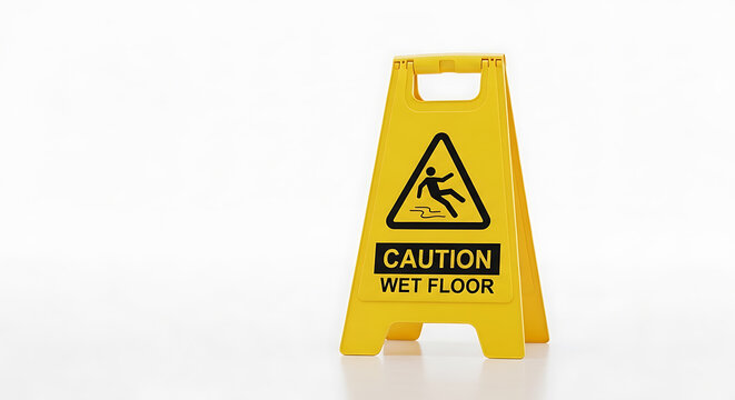 Yellow caution wet floor sign standing on a white background