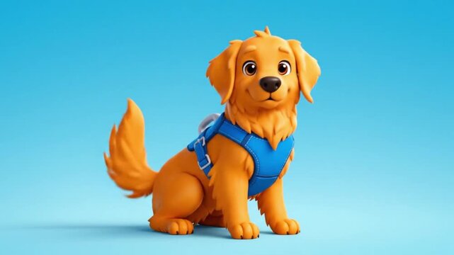 A cute golden retriever dog wearing a blue harness sits on a blue floor.