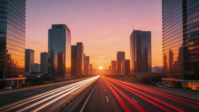 City skyline at sunset with light trails