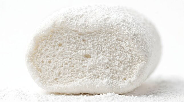 Close-up of soft white marshmallows dusted with powdered sugar, isolated on a white background. AI generated.
