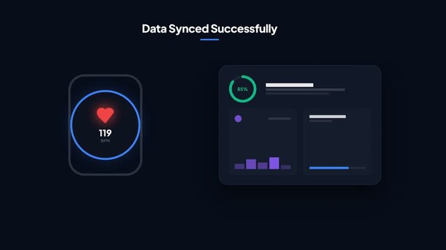 A graphic display shows synchronized data with a heart rate icon and various charts on a screen.