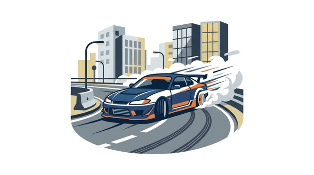 Sports car drifting around a corner in a city street with smoke.