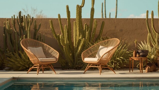 Calm poolside relaxation featuring rattan woven chairs and cactus greenery