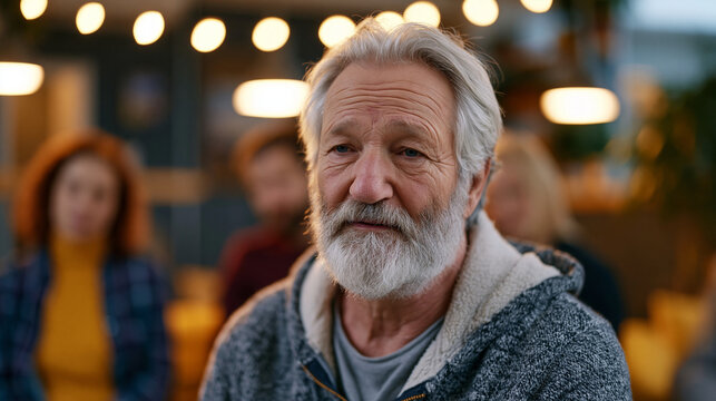 A widower sits at the edge of a grief group circle, holding a folded photograph rather than opening it, community center fluorescent buzz softened by a string of caf&eacute; lights overhead, perfect for gr