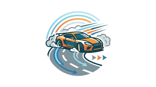 Sports Car Drifting on a Curved Track with Smoke and Motion Trails.