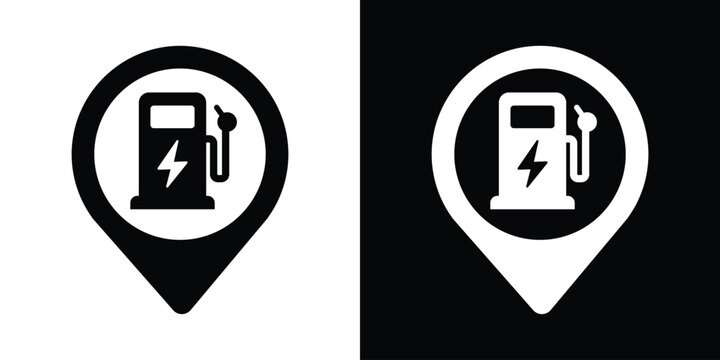 Electric vehicle charging station pin icon set. EV station location map pointer symbols in black and white vector style for green energy navigation.