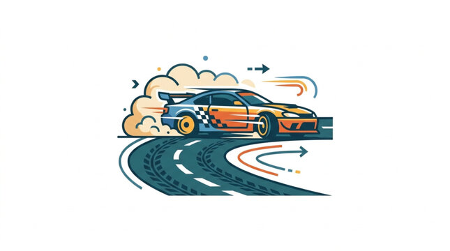 Sports car drifting on a winding road with smoke and motion lines.