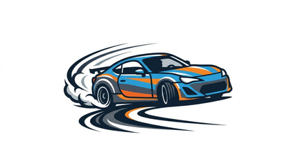 Fototapeta premium Sports car drifting with smoke and tire marks on white background.