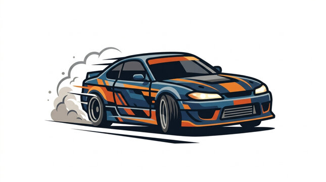 Sports car drifting with smoke from tires on white background.