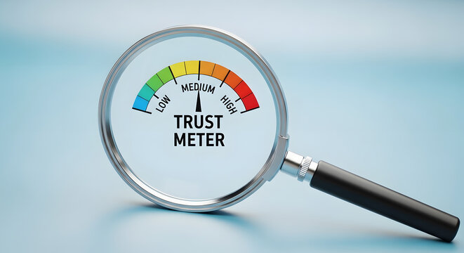 Trust Meter Evaluation through Magnifying Glass | Concept of Credibility and Reliability Assessment | Business Transparency and Consumer Confidence Gauge | Inspection and Verification Tool | 3D Render