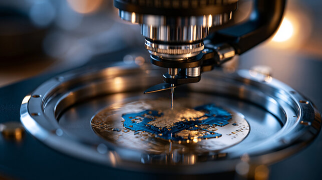 Nanotechnology atomic force microscope detail, cantilever probe tip captured in extreme closeup above gold substrate surface, lab reflected in curved metallic housing behind, perfect for precision i