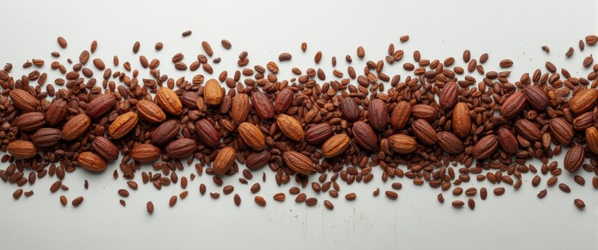 Birds eye view of whole cocoa fruits and scattered dried cocoa beans on white