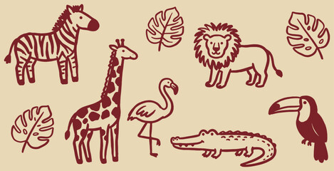 Fototapeta premium Hand drawn vector illustration of wild animals and tropical leaves, perfect for backgrounds and patterns.