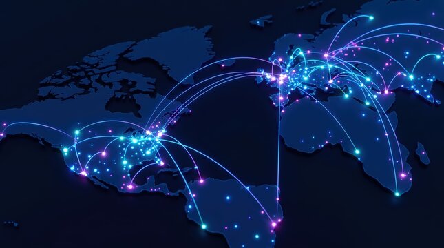Glowing fiber optic network lines on 3D world map, global connectivity and logistics concept, futuristic data transfer technology background.