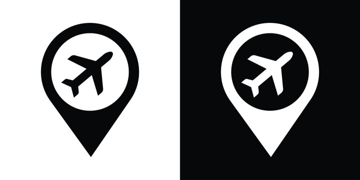 Airplane destination map pin icon set. Angled flight pointer symbols in black and white vector format for travel agencies and vacation tracking apps.