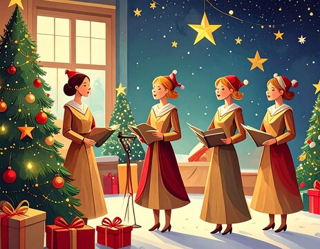 A quartet of carolers in festive attire perform under a starry sky near a decorated fir, gifts, and a window