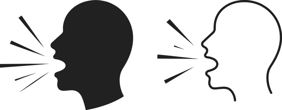 Two head silhouettes speaking loudly communication concept vector illustration