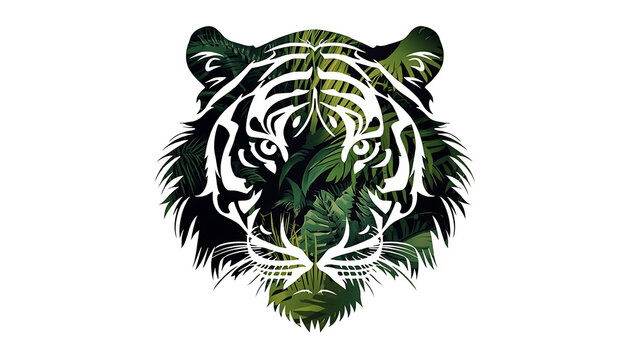 Tiger head features an intricate double exposure effect with dense tropical rainforest foliage plants.