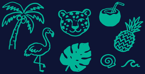 Tropical summer icons in a fun, doodle style, perfect for vacation themes. © Riki