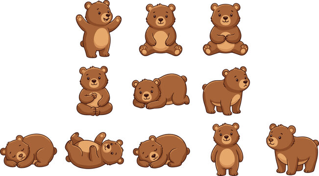 Cute Brown Bear Cub Vector Character Set in Various Poses for Children Illustration Storybooks Nursery Decor and Kids Graphic Designs