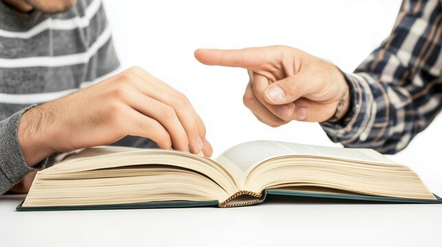 Teacher and student book learning session in close up hand gesture style isolated on clean white background for school education tutoring program poster