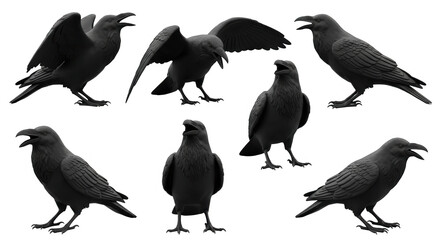 Fototapeta premium collection of stylized dark birds in different poses set against a bright clean white background for illustrative usage