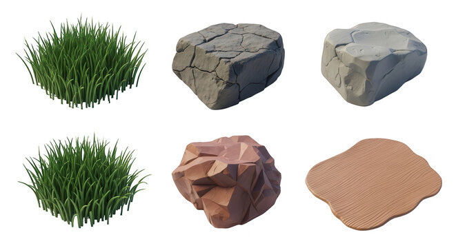 rendered 3d game assets of grass rocks and ground variations on a white backdrop backgrounds or design elements