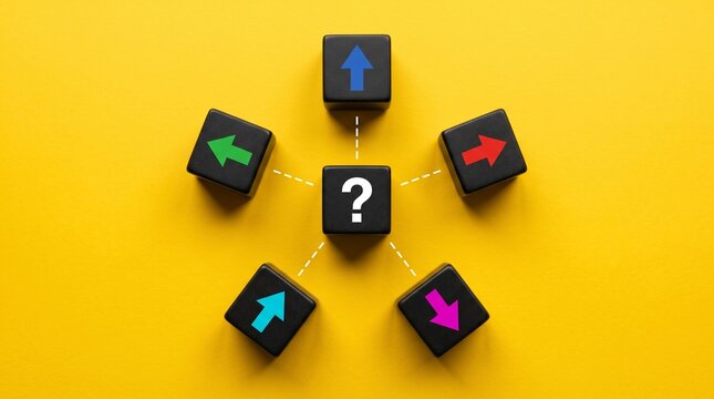Decision Point: A central question mark cube surrounded by five cubes, each with a different colored arrow pointing outwards.