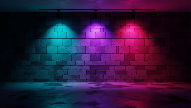 Dark brick wall illuminated by three spotlights casting cyan purple and magenta light beams onto a textured concrete floor in a dimly lit industrial room setting