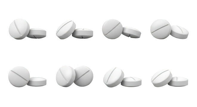 white pills close-up stacked and angled isolated on a white backdrop health and medicine for advertising and education