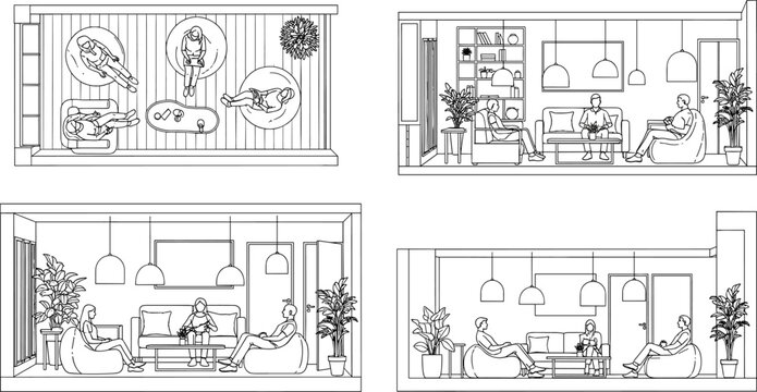 Architectural Section and Floor Plan Vector Set with Hand Drawn People in Modern Living Room featuring Hanging Lamps, Bookshelf, and Indoor Plants