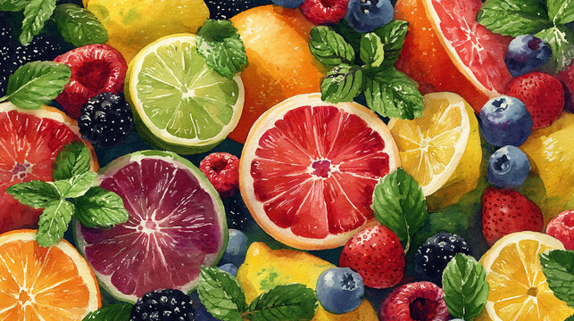 Watercolor illustration of juice ingredients in full frame composition, dense overlapping citrus fruits, berries and mint leaves with bright refreshing tones.
