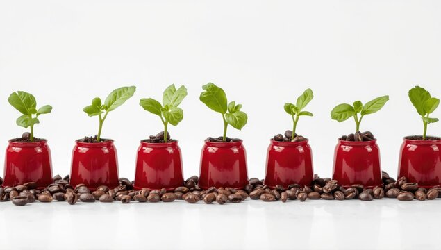 Green Seedlings Growing in Red Coffee Capsules White Background, Vibrant, Minimalist Composition