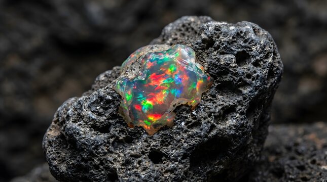 Opal in Basalt: Macro photography of a raw precious play-of-color opal embedded in dark grey volcanic basalt, displaying flashes of bright red, green, and blue light.