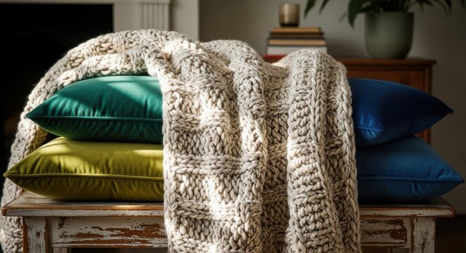 Cozy knitted throw blanket draped over plush cushions, adding warmth and comfort to a home interior setting.