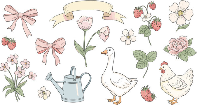 Cottagecore Farmhouse Vector Clipart Set with Cute Goose, Hen, Watering Can, Wild Strawberries, Pink Ribbon Bows, and Rustic Floral Elements