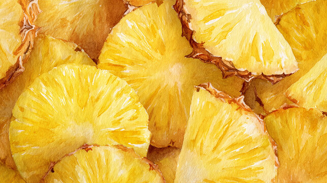 Watercolor illustration of pineapples in full frame composition, dense overlapping pineapple slices and chunks with bright yellow tropical juicy texture.