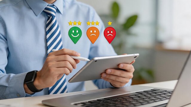 Businessman in shirt and tie using tablet with customer feedback rating icons showing stars and emoticons, representing service quality assessment, client satisfaction survey and