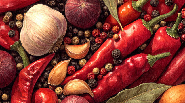 Watercolor illustration of spices in full frame composition, dense overlapping chili, peppercorns, garlic and herbs with rich red and earthy cooking tones.