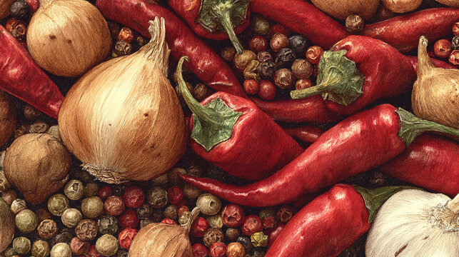 Watercolor illustration of spices in full frame composition, dense overlapping chili, peppercorns, garlic and herbs with rich red and earthy cooking tones.