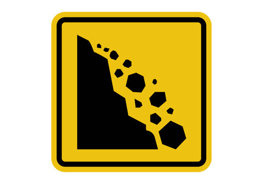 Se&ntilde;al de advertencia cuadrada de peligro por desprendimiento de rocas en la monta&ntilde;a