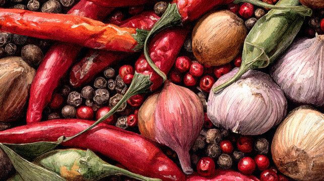 Watercolor illustration of spices in full frame composition, dense overlapping chili, peppercorns, garlic and herbs with rich red and earthy cooking tones.