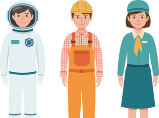 Obraz premium Professional Occupations Flat Vector Character Set Featuring Smiling Astronaut Construction Worker and Flight Attendant Standing in Uniforms Illustration