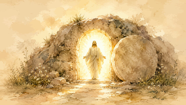 A radiant watercolor painting of Jesus rising from the tomb surrounded by glowing Easter light in a peaceful biblical devotional style.