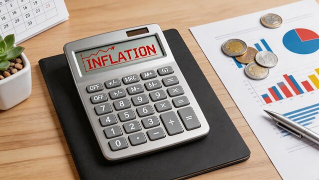 Calculator displaying inflation text on wooden desk with coins, financial charts and pen, illustrating economic crisis, rising prices and cost of living analysis for business and