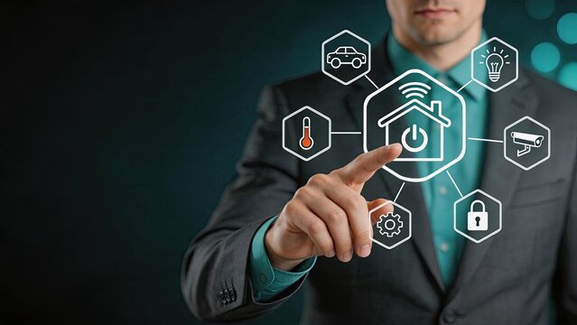 Man touching smart home interface with connected icons for security camera, temperature control and lighting, demonstrating IoT automation system for modern house management and