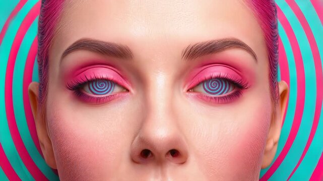 Woman with hypnotic spiral eyes and pink hair. Surreal close-up of female face with psychedelic makeup and spinning patterns in pupils. Lockdown shot.